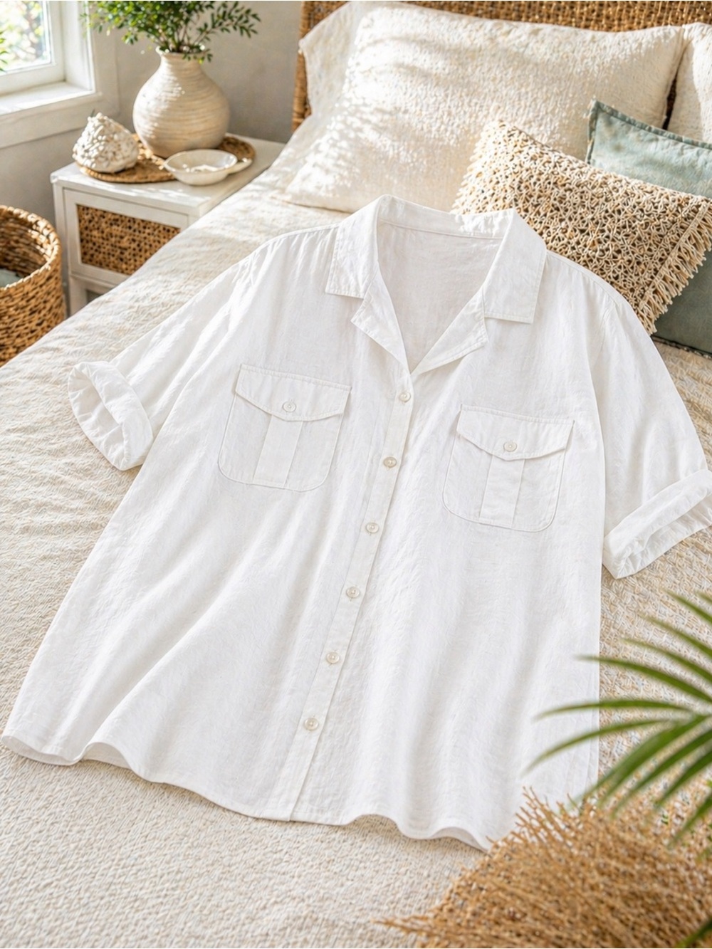 Dialogue Linen Blend Button Down Shirt 1X Ivory Pockets Casual